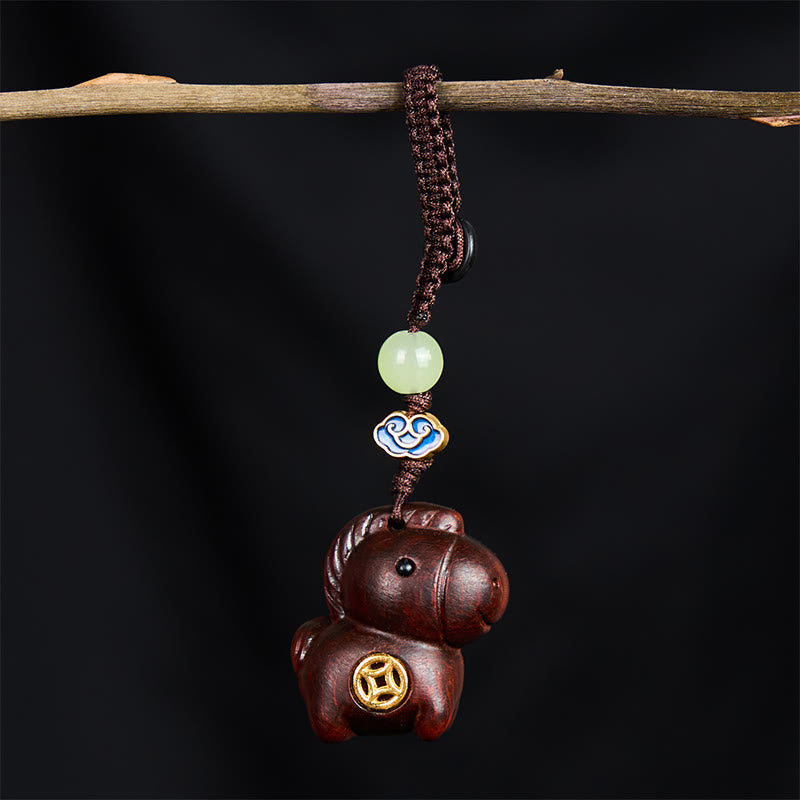 Fortune Jewel "Hoping You Have a Joyful Year" Year of the Horse Rainbow Eucalyptus Small Leaf Red Sandalwood Key Chain Includes Gift Message Card - Fortune Jewel