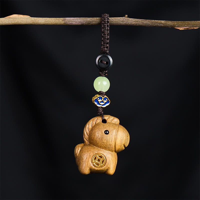 Fortune Jewel "Hoping You Have a Joyful Year" Year of the Horse Rainbow Eucalyptus Small Leaf Red Sandalwood Key Chain Includes Gift Message Card - Fortune Jewel