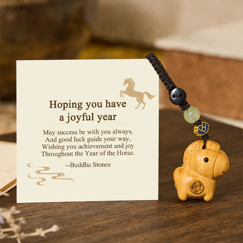 Fortune Jewel "Hoping You Have a Joyful Year" Year of the Horse Rainbow Eucalyptus Small Leaf Red Sandalwood Key Chain Includes Gift Message Card - Fortune Jewel