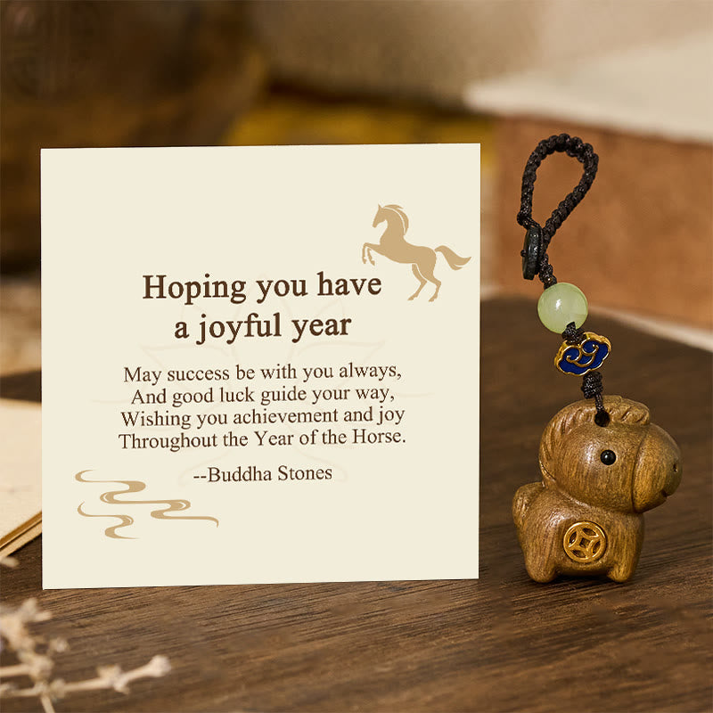 Fortune Jewel "Hoping You Have a Joyful Year" Year of the Horse Rainbow Eucalyptus Small Leaf Red Sandalwood Key Chain Includes Gift Message Card - Fortune Jewel