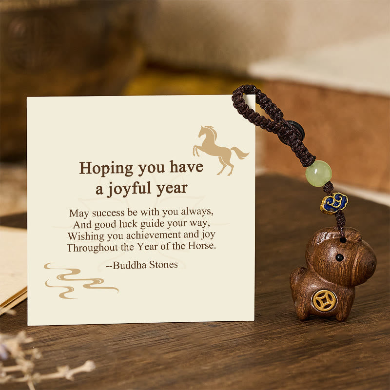 Fortune Jewel "Hoping You Have a Joyful Year" Year of the Horse Rainbow Eucalyptus Small Leaf Red Sandalwood Key Chain Includes Gift Message Card - Fortune Jewel
