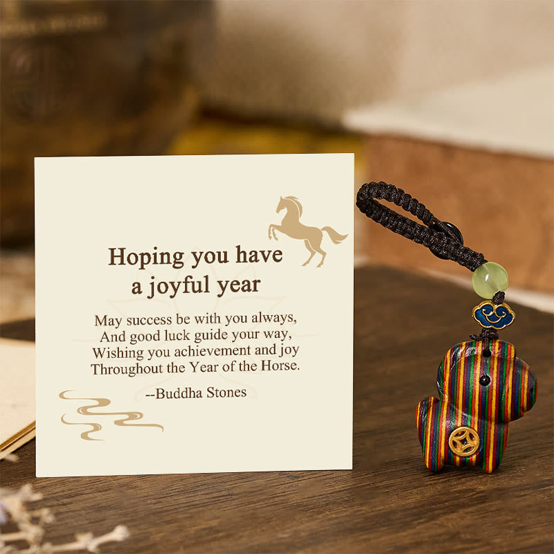 Fortune Jewel "Hoping You Have a Joyful Year" Year of the Horse Rainbow Eucalyptus Small Leaf Red Sandalwood Key Chain Includes Gift Message Card - Fortune Jewel