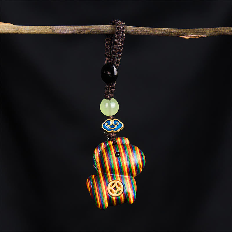 Fortune Jewel "Hoping You Have a Joyful Year" Year of the Horse Rainbow Eucalyptus Small Leaf Red Sandalwood Key Chain Includes Gift Message Card - Fortune Jewel