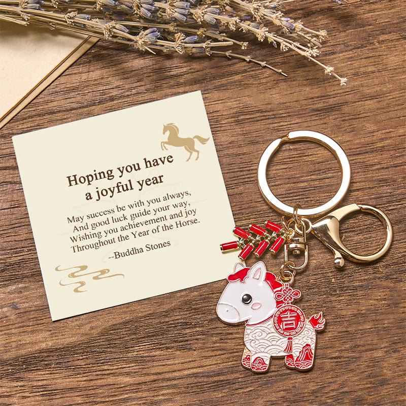Fortune Jewel "Hoping You Have a Joyful Year" Year of the Horse Ingot Red Firecrackers Alloy Key Chain Includes Gift Message Card