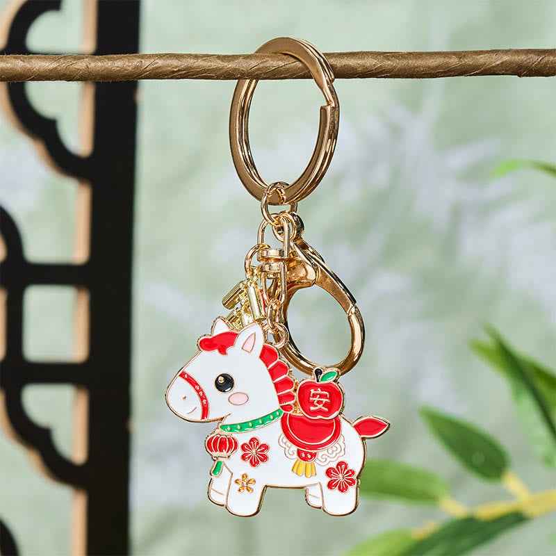 Fortune Jewel "Hoping You Have a Joyful Year" Year of the Horse Ingot Red Firecrackers Alloy Key Chain Includes Gift Message Card