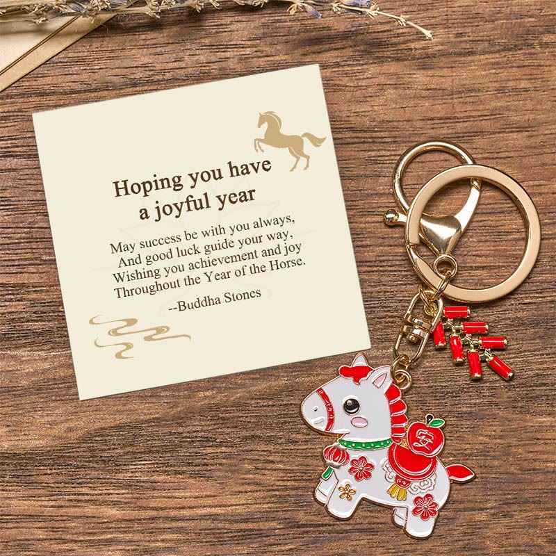 Fortune Jewel "Hoping You Have a Joyful Year" Year of the Horse Ingot Red Firecrackers Alloy Key Chain Includes Gift Message Card