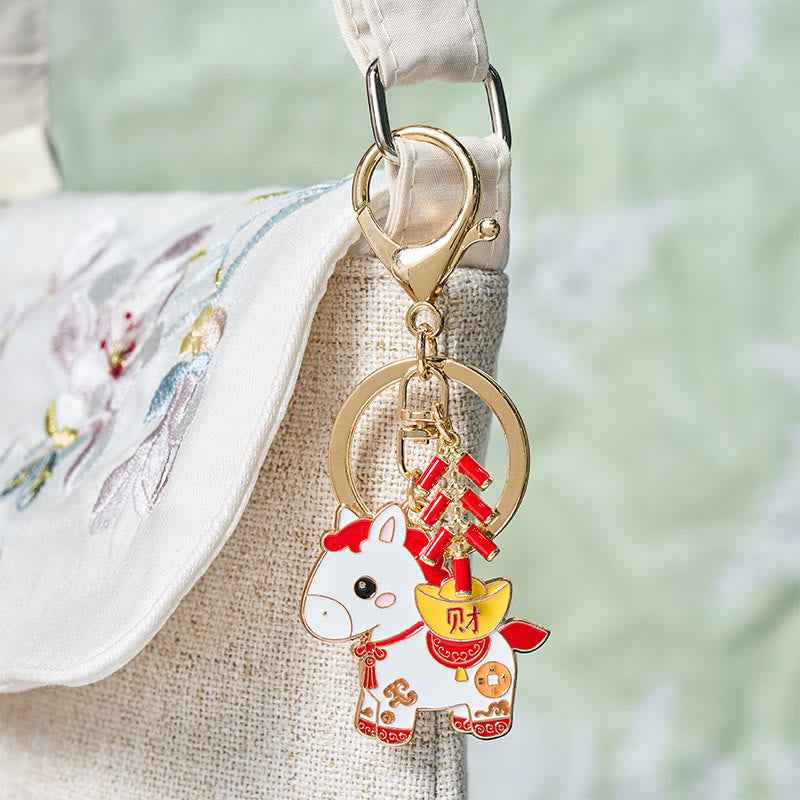 Fortune Jewel "Hoping You Have a Joyful Year" Year of the Horse Ingot Red Firecrackers Alloy Key Chain Includes Gift Message Card