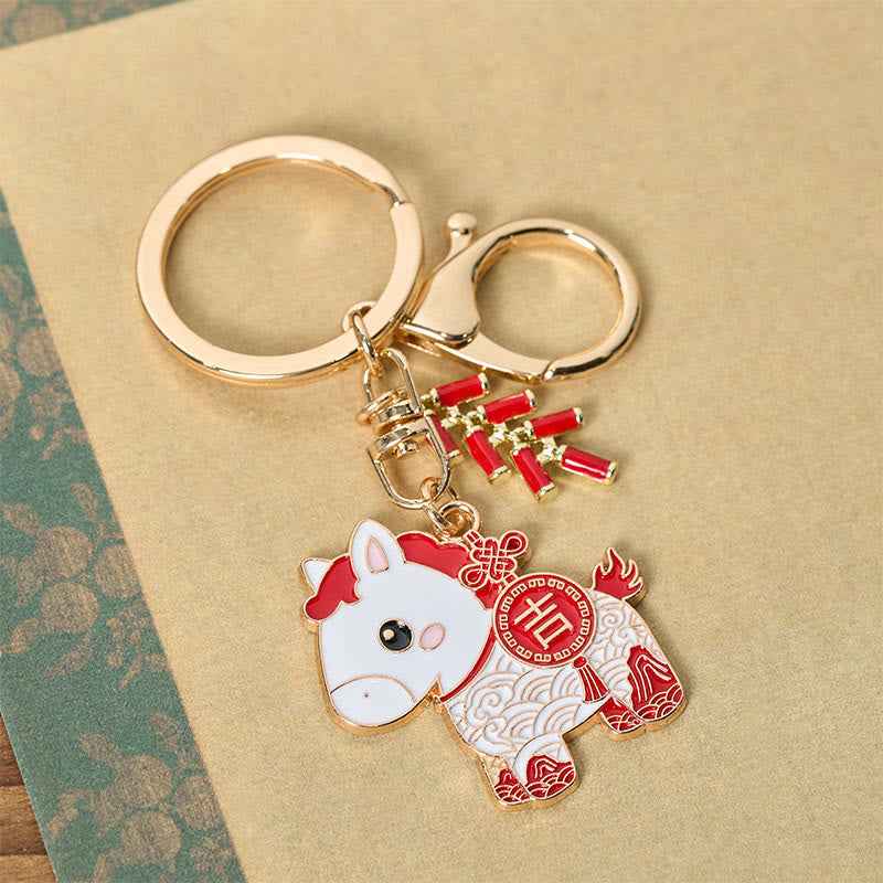 Fortune Jewel "Hoping You Have a Joyful Year" Year of the Horse Ingot Red Firecrackers Alloy Key Chain Includes Gift Message Card