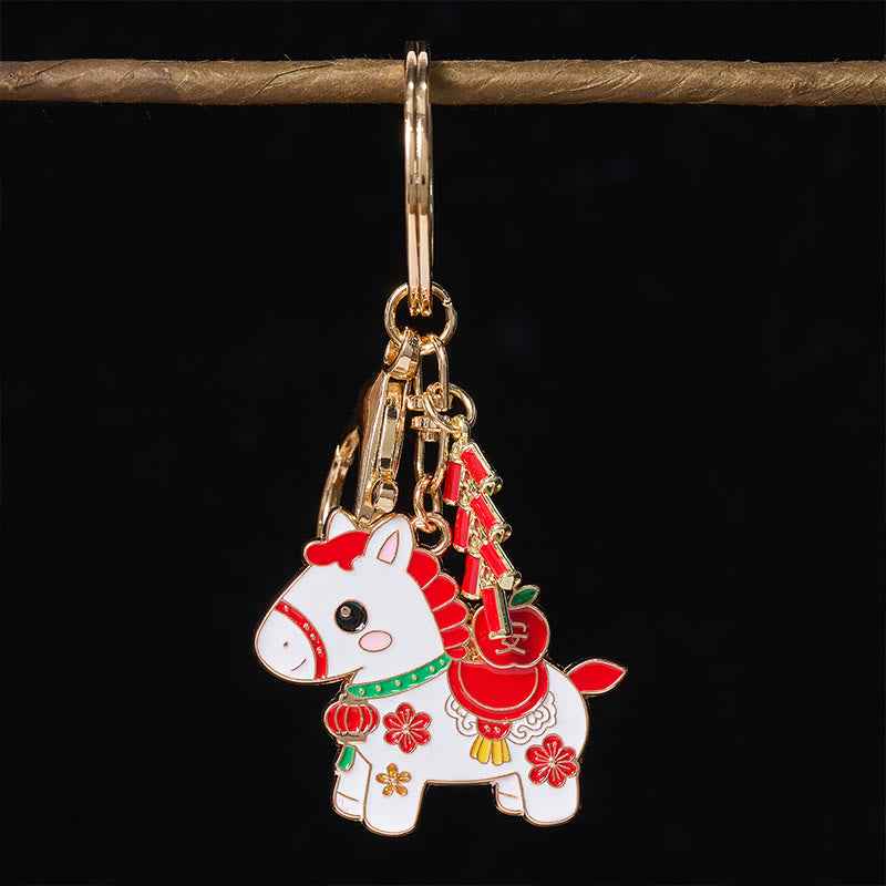 Fortune Jewel "Hoping You Have a Joyful Year" Year of the Horse Ingot Red Firecrackers Alloy Key Chain Includes Gift Message Card