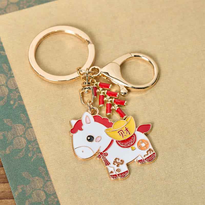 Fortune Jewel "Hoping You Have a Joyful Year" Year of the Horse Ingot Red Firecrackers Alloy Key Chain Includes Gift Message Card