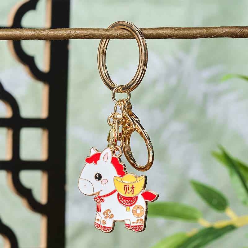Fortune Jewel "Hoping You Have a Joyful Year" Year of the Horse Ingot Red Firecrackers Alloy Key Chain Includes Gift Message Card