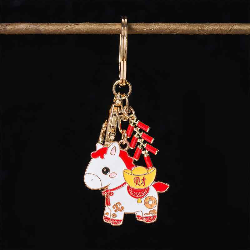Fortune Jewel "Hoping You Have a Joyful Year" Year of the Horse Ingot Red Firecrackers Alloy Key Chain Includes Gift Message Card