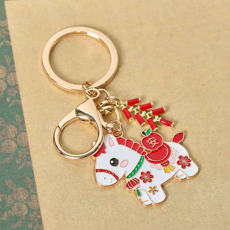 Fortune Jewel "Hoping You Have a Joyful Year" Year of the Horse Ingot Red Firecrackers Alloy Key Chain Includes Gift Message Card