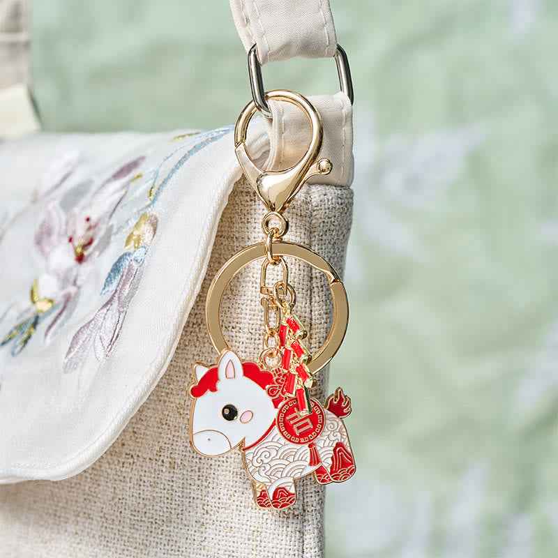 Fortune Jewel "Hoping You Have a Joyful Year" Year of the Horse Ingot Red Firecrackers Alloy Key Chain Includes Gift Message Card