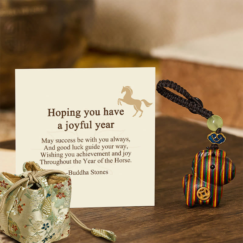 Fortune Jewel "Hoping You Have a Joyful Year" Year of the Horse Rainbow Eucalyptus Small Leaf Red Sandalwood Key Chain Includes Gift Message Card - Fortune Jewel