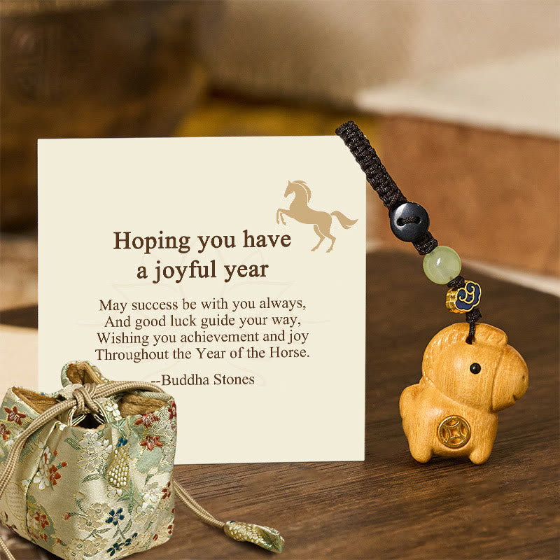 Fortune Jewel "Hoping You Have a Joyful Year" Year of the Horse Rainbow Eucalyptus Small Leaf Red Sandalwood Key Chain Includes Gift Message Card - Fortune Jewel