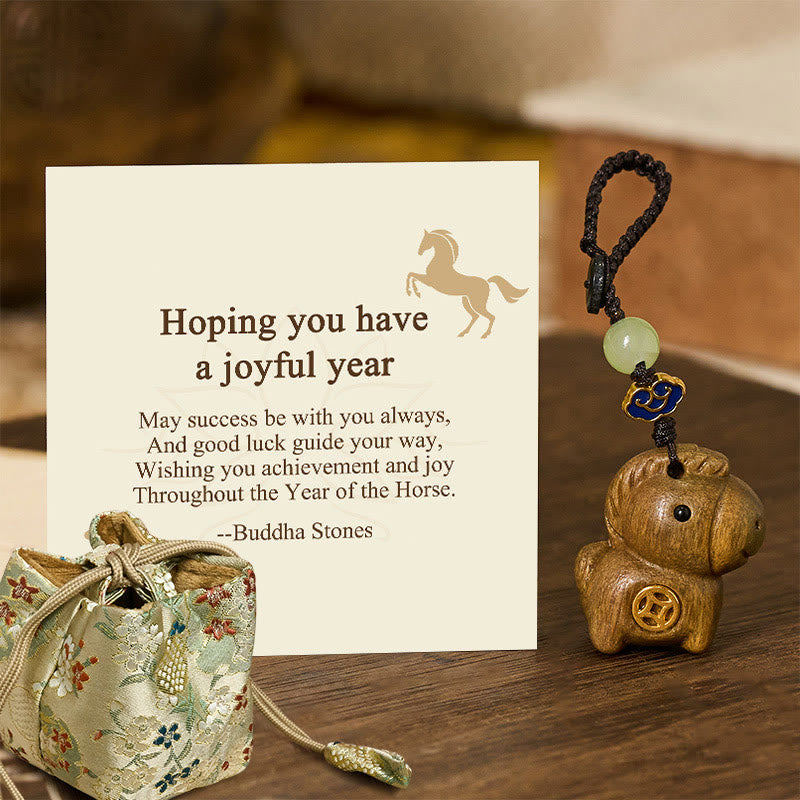 Fortune Jewel "Hoping You Have a Joyful Year" Year of the Horse Rainbow Eucalyptus Small Leaf Red Sandalwood Key Chain Includes Gift Message Card - Fortune Jewel