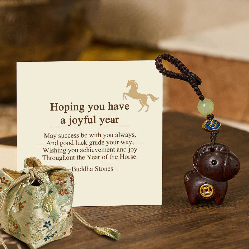 Fortune Jewel "Hoping You Have a Joyful Year" Year of the Horse Rainbow Eucalyptus Small Leaf Red Sandalwood Key Chain Includes Gift Message Card - Fortune Jewel