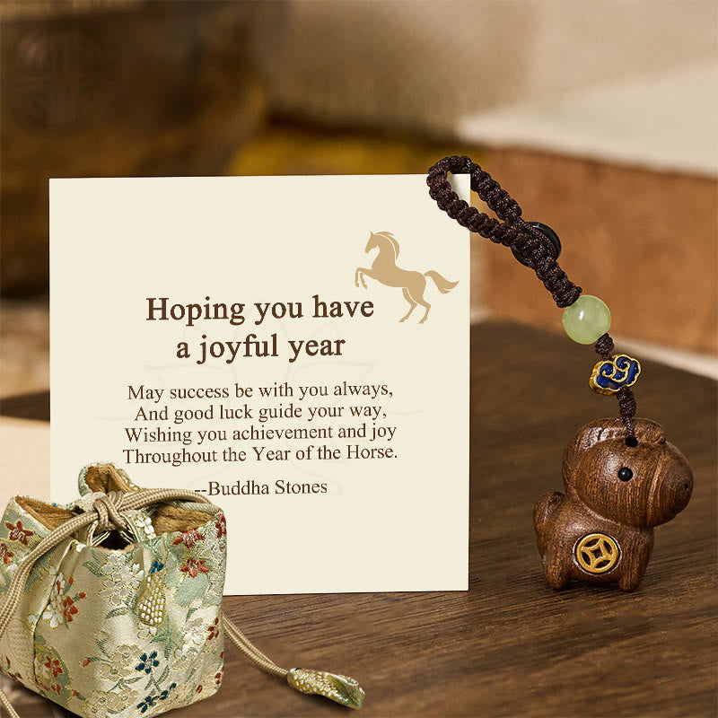 Fortune Jewel "Hoping You Have a Joyful Year" Year of the Horse Rainbow Eucalyptus Small Leaf Red Sandalwood Key Chain Includes Gift Message Card - Fortune Jewel