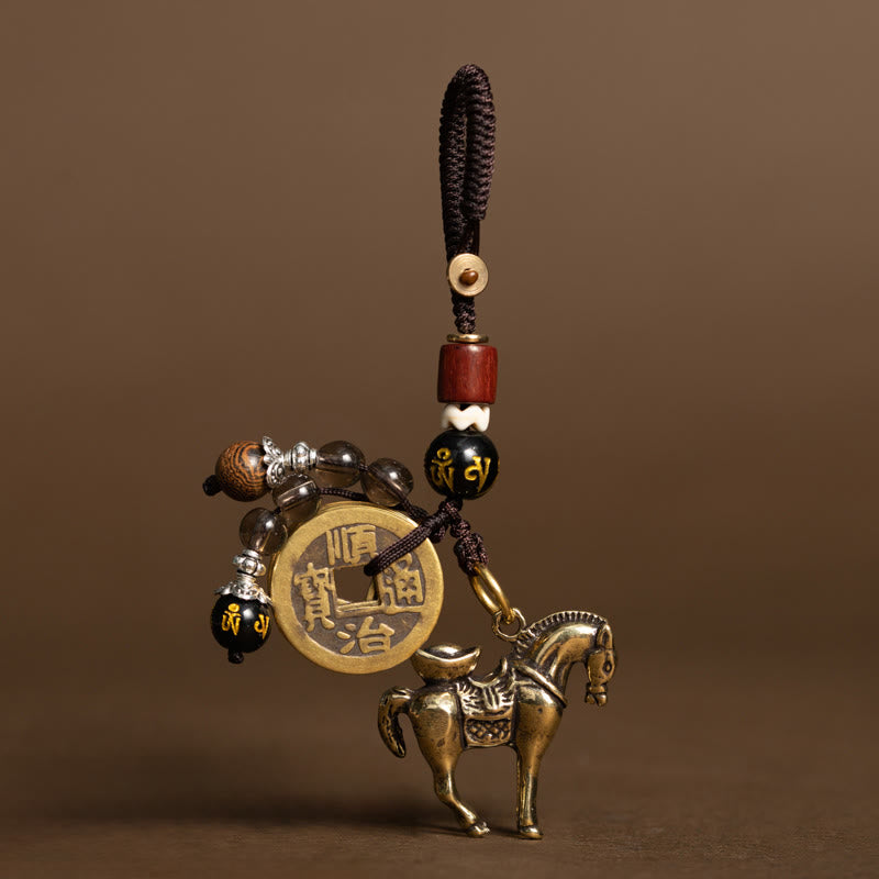 Fortune Jewel Year Of The Horse Copper Brass Five-Emperor Coins Om Mani Padme Hum Protection Key Chain - Fortune Jewel