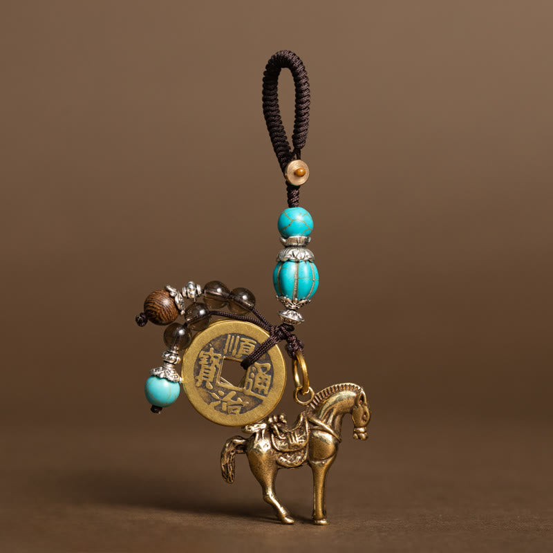 Fortune Jewel Year Of The Horse Copper Brass Five-Emperor Coins Om Mani Padme Hum Protection Key Chain - Fortune Jewel