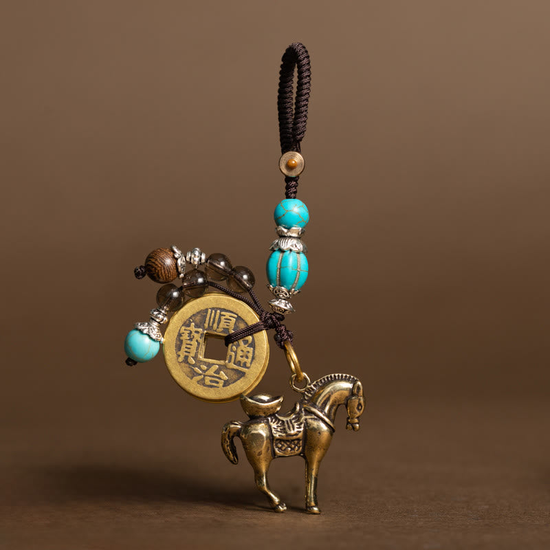 Fortune Jewel Year Of The Horse Copper Brass Five-Emperor Coins Om Mani Padme Hum Protection Key Chain - Fortune Jewel