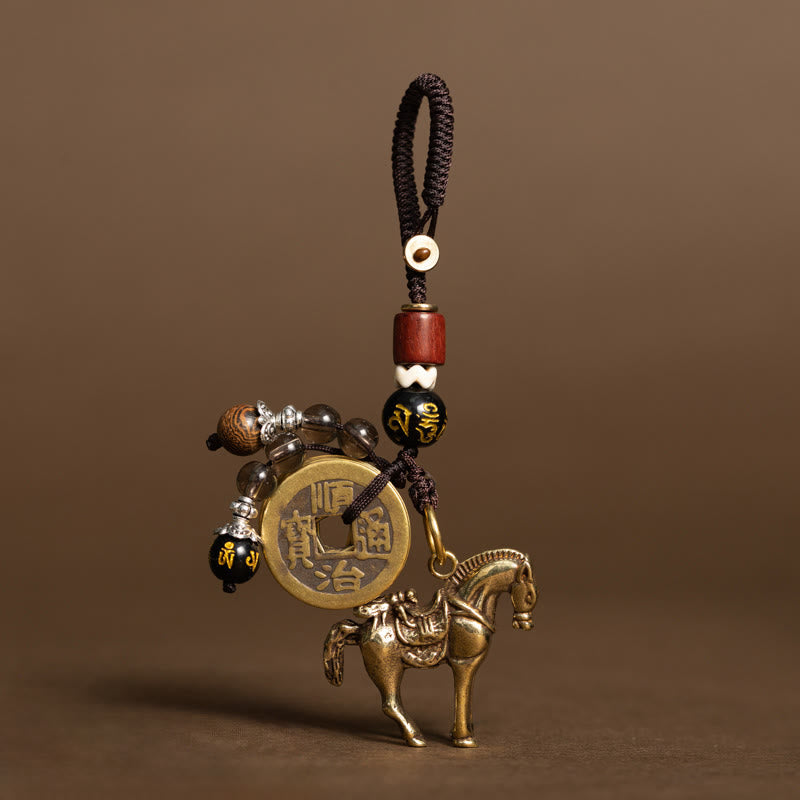 Fortune Jewel Year Of The Horse Copper Brass Five-Emperor Coins Om Mani Padme Hum Protection Key Chain - Fortune Jewel