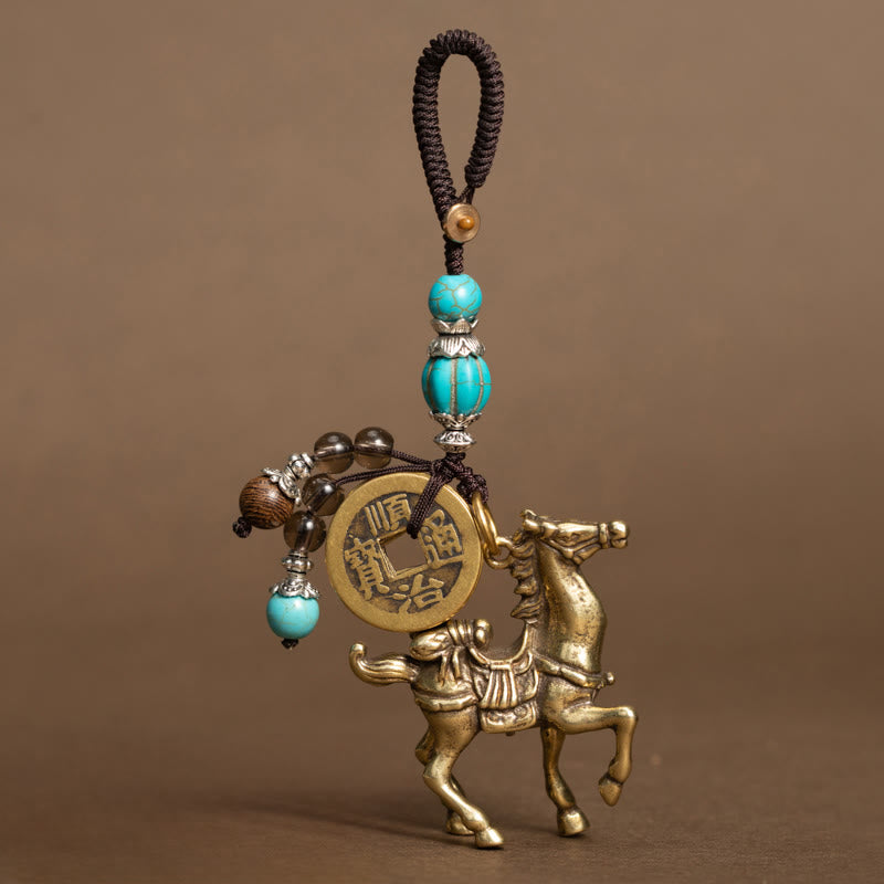Fortune Jewel Year Of The Horse Copper Brass Five-Emperor Coins Om Mani Padme Hum Protection Key Chain - Fortune Jewel