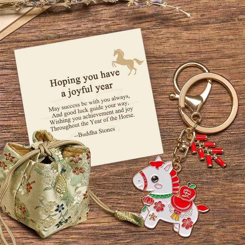 Fortune Jewel "Hoping You Have a Joyful Year" Year of the Horse Ingot Red Firecrackers Alloy Key Chain Includes Gift Message Card