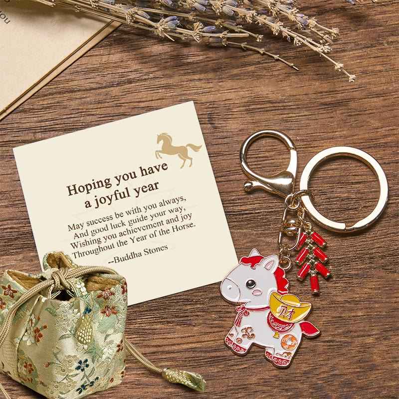 Fortune Jewel "Hoping You Have a Joyful Year" Year of the Horse Ingot Red Firecrackers Alloy Key Chain Includes Gift Message Card