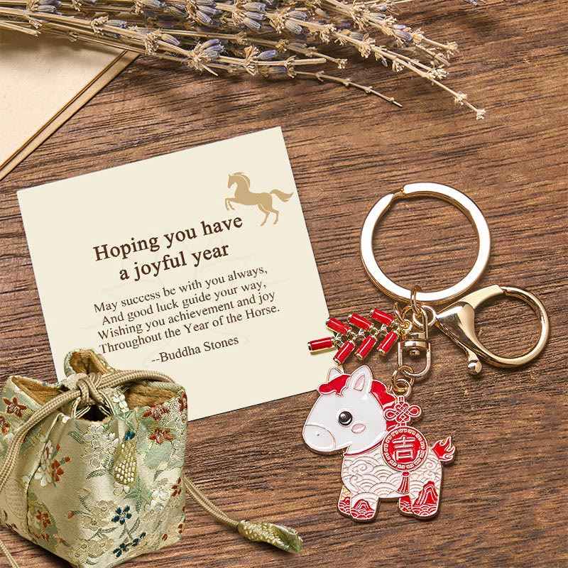 Fortune Jewel "Hoping You Have a Joyful Year" Year of the Horse Ingot Red Firecrackers Alloy Key Chain Includes Gift Message Card