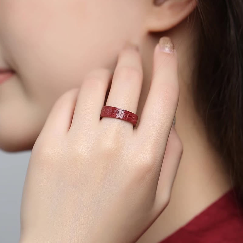 Fortune Jewel Cinnabar Om Mani Padme Hum Heart Sutra Blessing Ring - Fortune Jewel