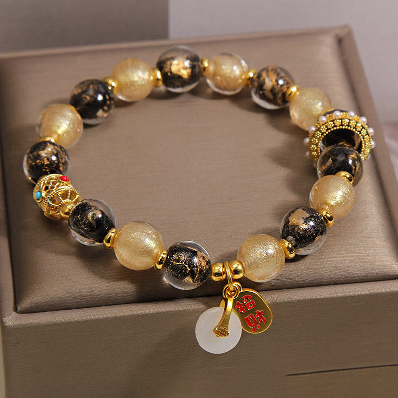 Fortune Jewel Black Gold Liuli Glass Bead Attracts Wealth Peace Buckle Blessing Bracelet - Fortune Jewel