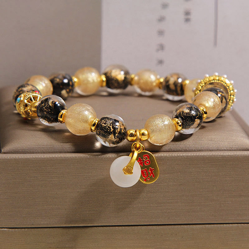 Fortune Jewel Black Gold Liuli Glass Bead Attracts Wealth Peace Buckle Blessing Bracelet - Fortune Jewel