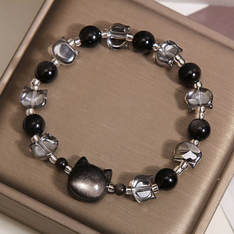 Fortune Jewel Black Obsidian Cat Head Purification Strength Bracelet - Fortune Jewel