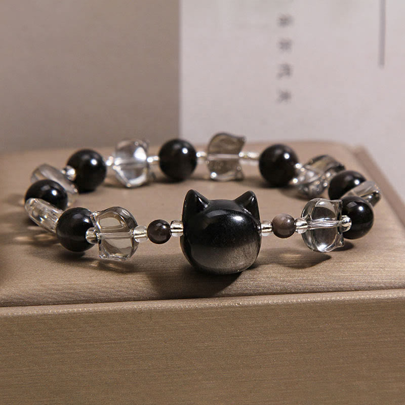Fortune Jewel Black Obsidian Cat Head Purification Strength Bracelet - Fortune Jewel