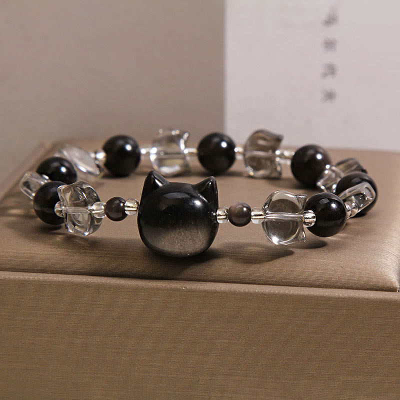 Fortune Jewel Black Obsidian Cat Head Purification Strength Bracelet - Fortune Jewel