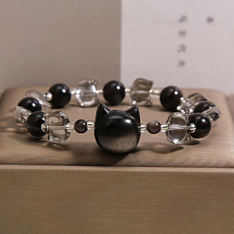 Fortune Jewel Black Obsidian Cat Head Purification Strength Bracelet - Fortune Jewel