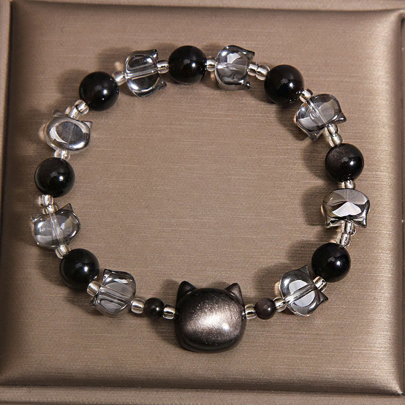 Fortune Jewel Black Obsidian Cat Head Purification Strength Bracelet - Fortune Jewel