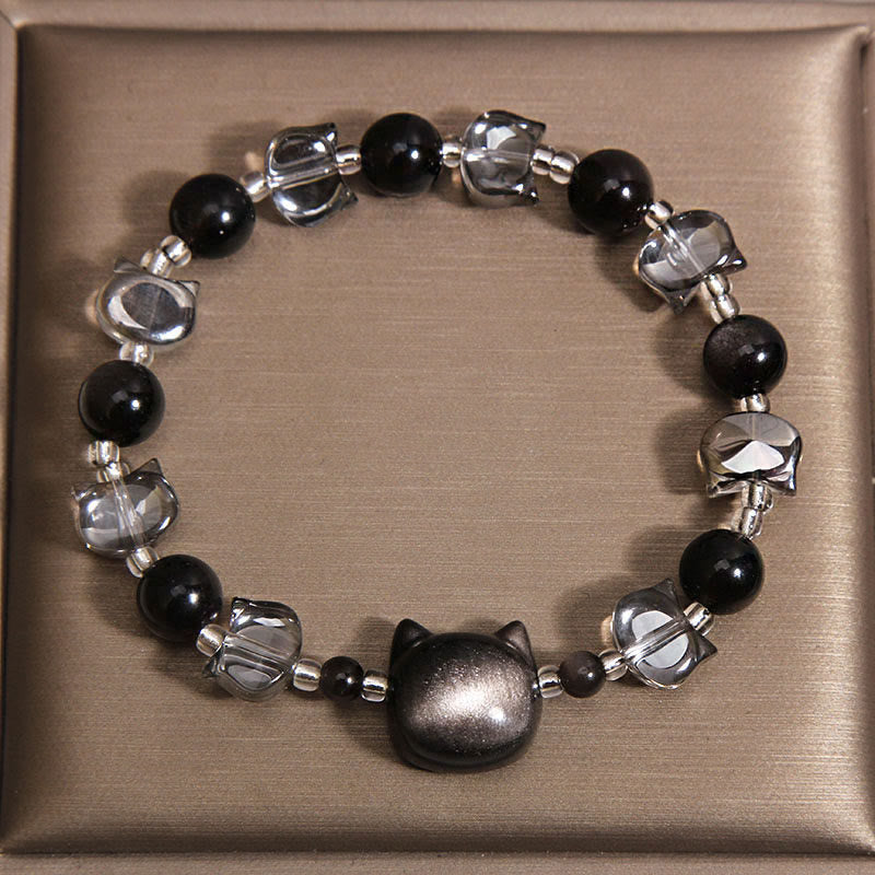 Fortune Jewel Black Obsidian Cat Head Purification Strength Bracelet - Fortune Jewel