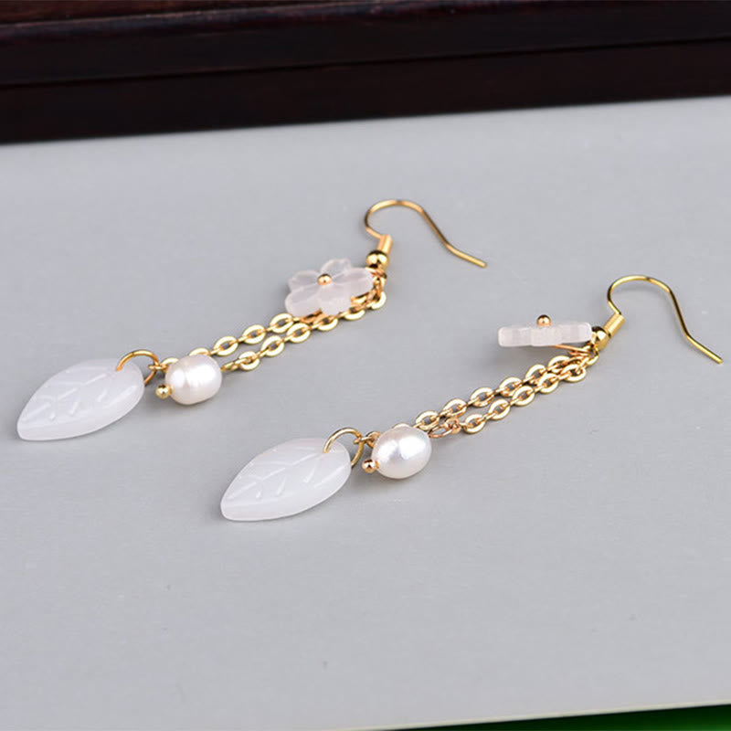 Fortune Jewel Pearl White Flower Leaves Happiness Drop Earrings - Fortune Jewel