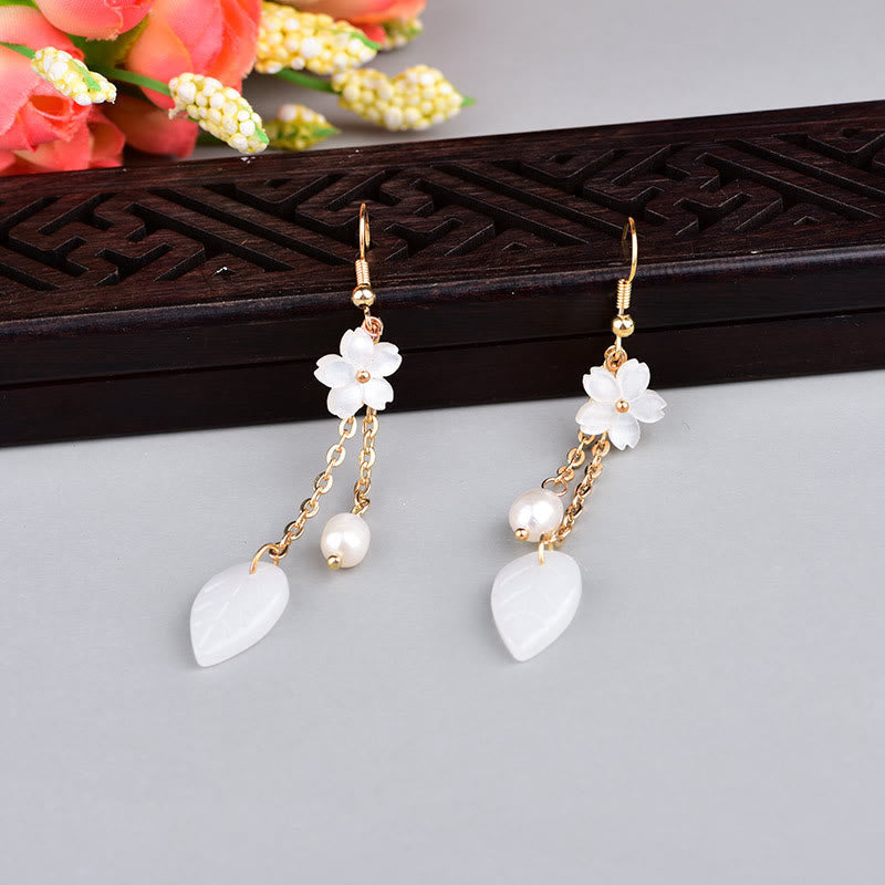 Fortune Jewel Pearl White Flower Leaves Happiness Drop Earrings - Fortune Jewel