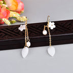 Fortune Jewel Pearl White Flower Leaves Happiness Drop Earrings - Fortune Jewel