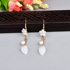 Fortune Jewel Pearl White Flower Leaves Happiness Drop Earrings - Fortune Jewel