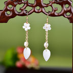 Fortune Jewel Pearl White Flower Leaves Happiness Drop Earrings - Fortune Jewel