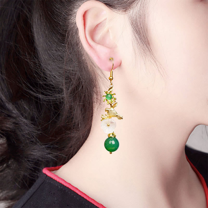 Fortune Jewel Green Agate Bead White Flower Bird Power Drop Earrings - Fortune Jewel
