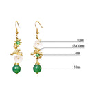 Fortune Jewel Green Agate Bead White Flower Bird Power Drop Earrings - Fortune Jewel