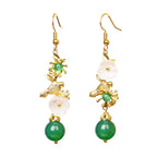 Fortune Jewel Green Agate Bead White Flower Bird Power Drop Earrings - Fortune Jewel