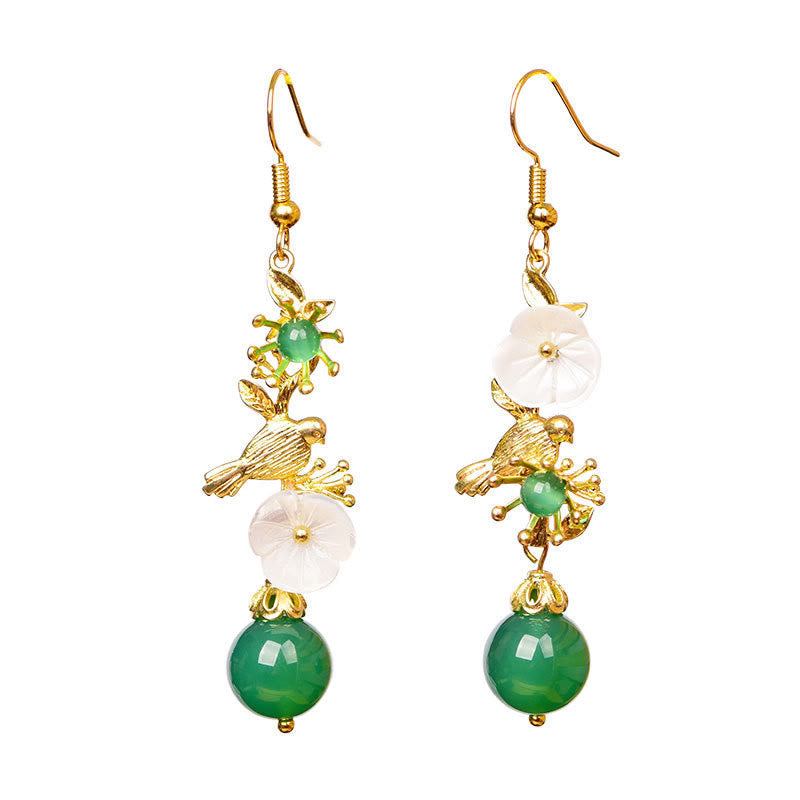 Fortune Jewel Green Agate Bead White Flower Bird Power Drop Earrings - Fortune Jewel