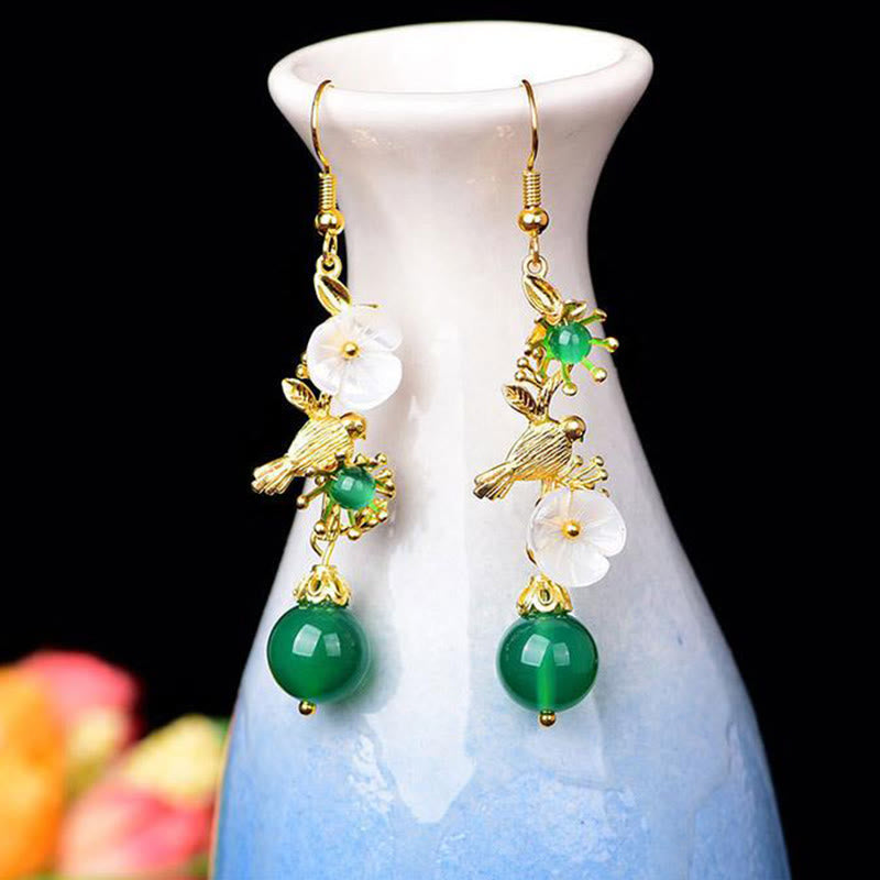 Fortune Jewel Green Agate Bead White Flower Bird Power Drop Earrings - Fortune Jewel